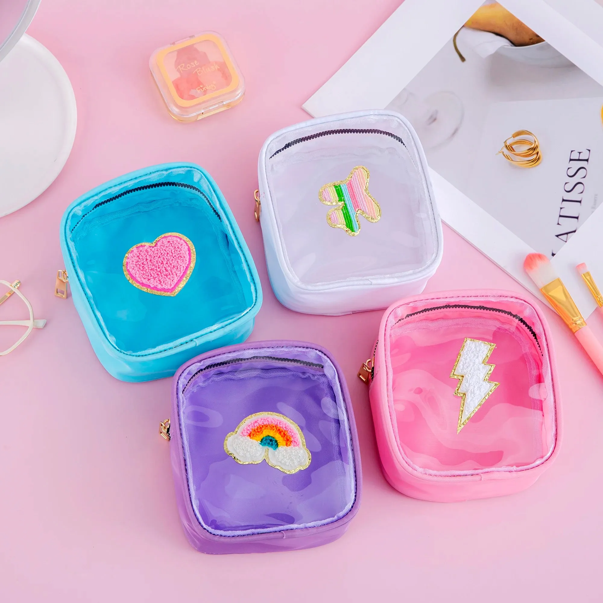 Kawaii Mini Clear PVC Makeup Pouch 🎀✨ - Adorable Waterproof Chenille Heart & Rainbow Travel Bag! 🌈✈️