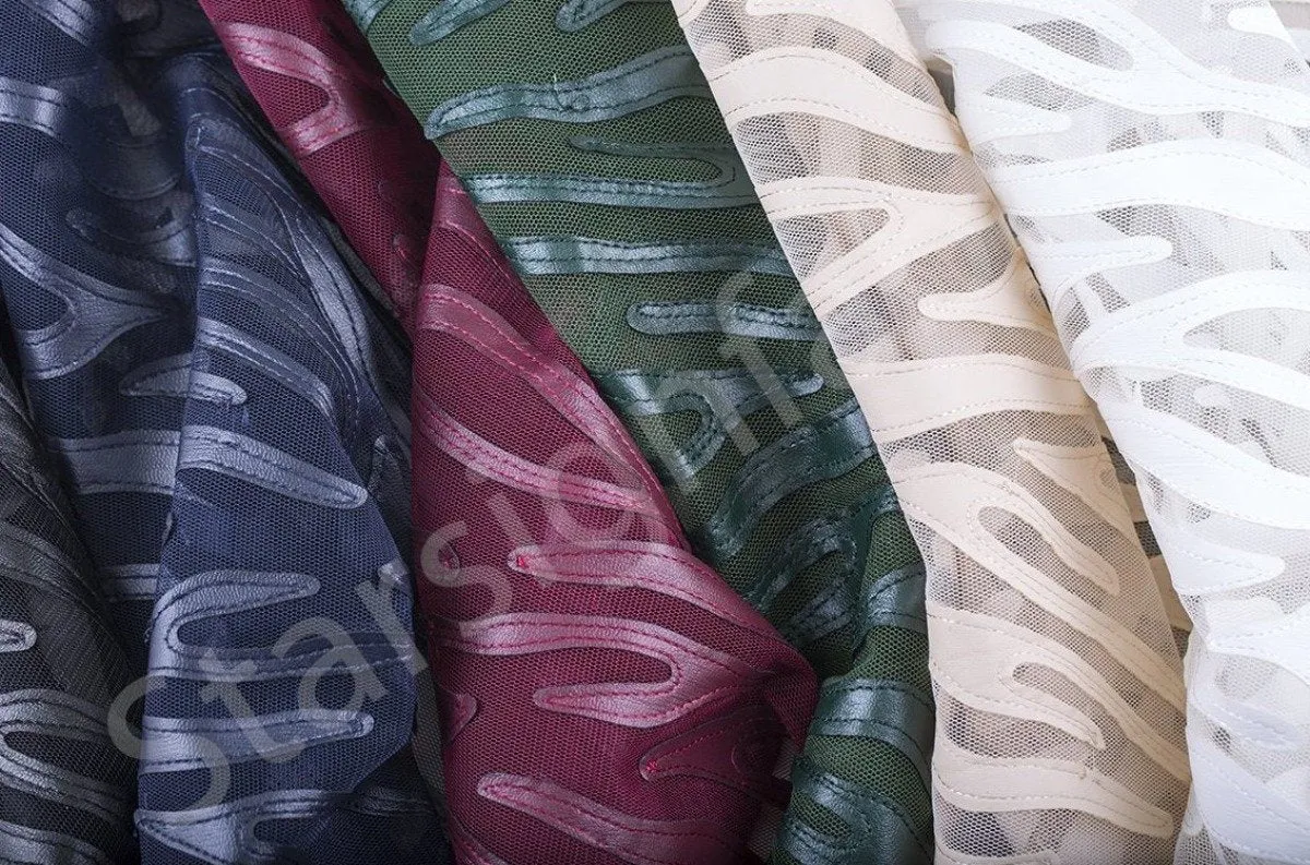 Kawasaki Style Laser Cut Faux Leather Embroidered Fabric