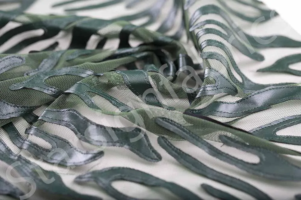 Kawasaki Style Laser Cut Faux Leather Embroidered Fabric