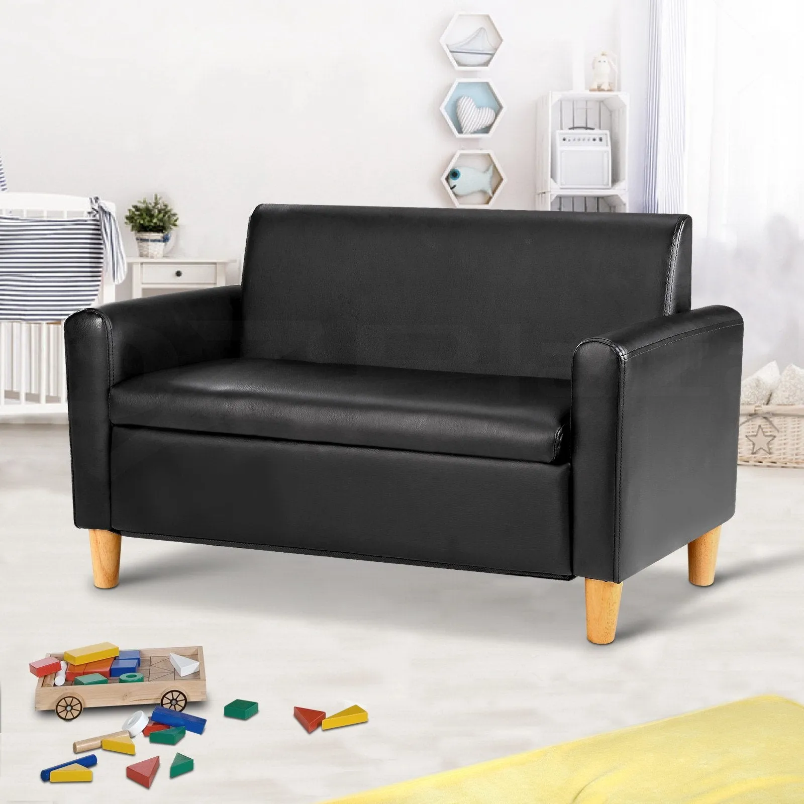 Kids Sofa Storage Armchair 2 Seater Black PU Leather Children Chair Couch
