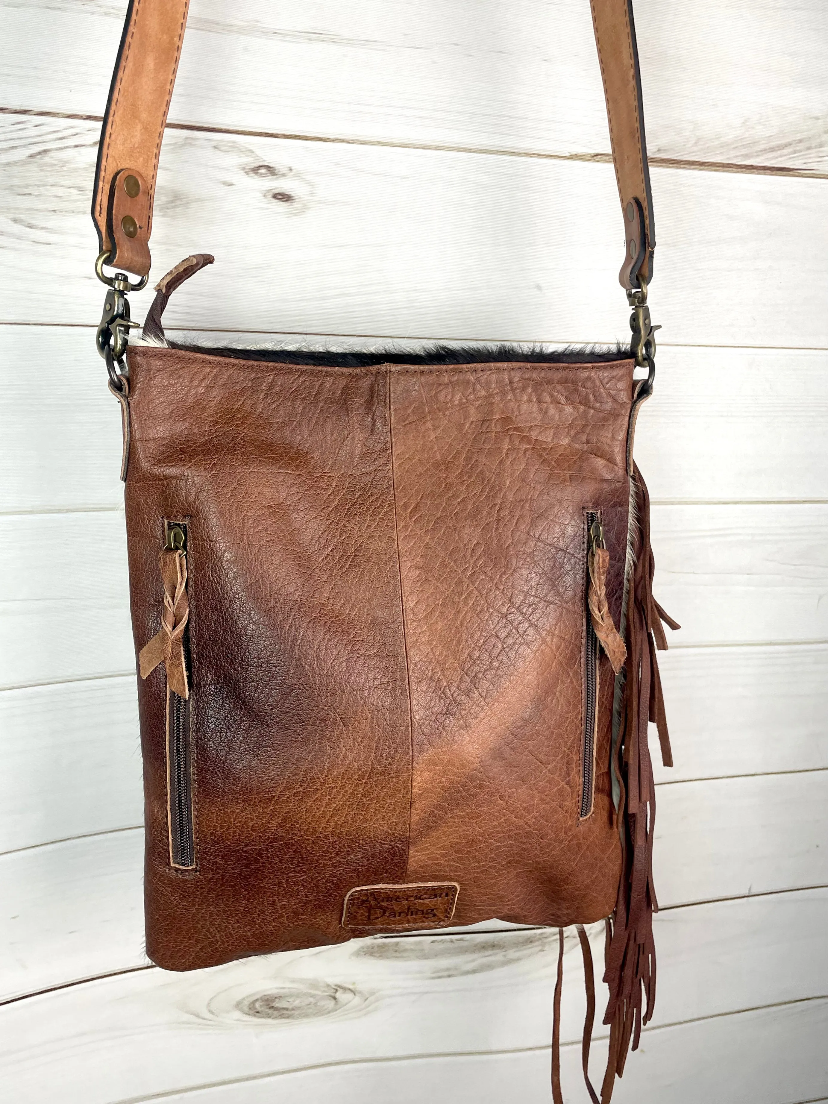 La Paz Hide Tooled Pocket Side Fringe Bag