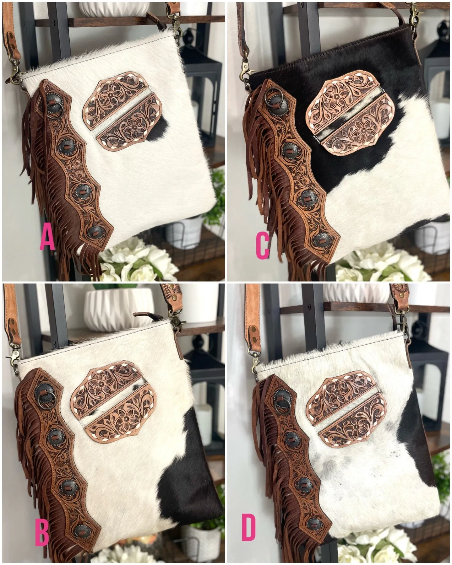 La Paz Hide Tooled Pocket Side Fringe Bag