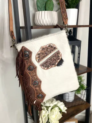 La Paz Hide Tooled Pocket Side Fringe Bag