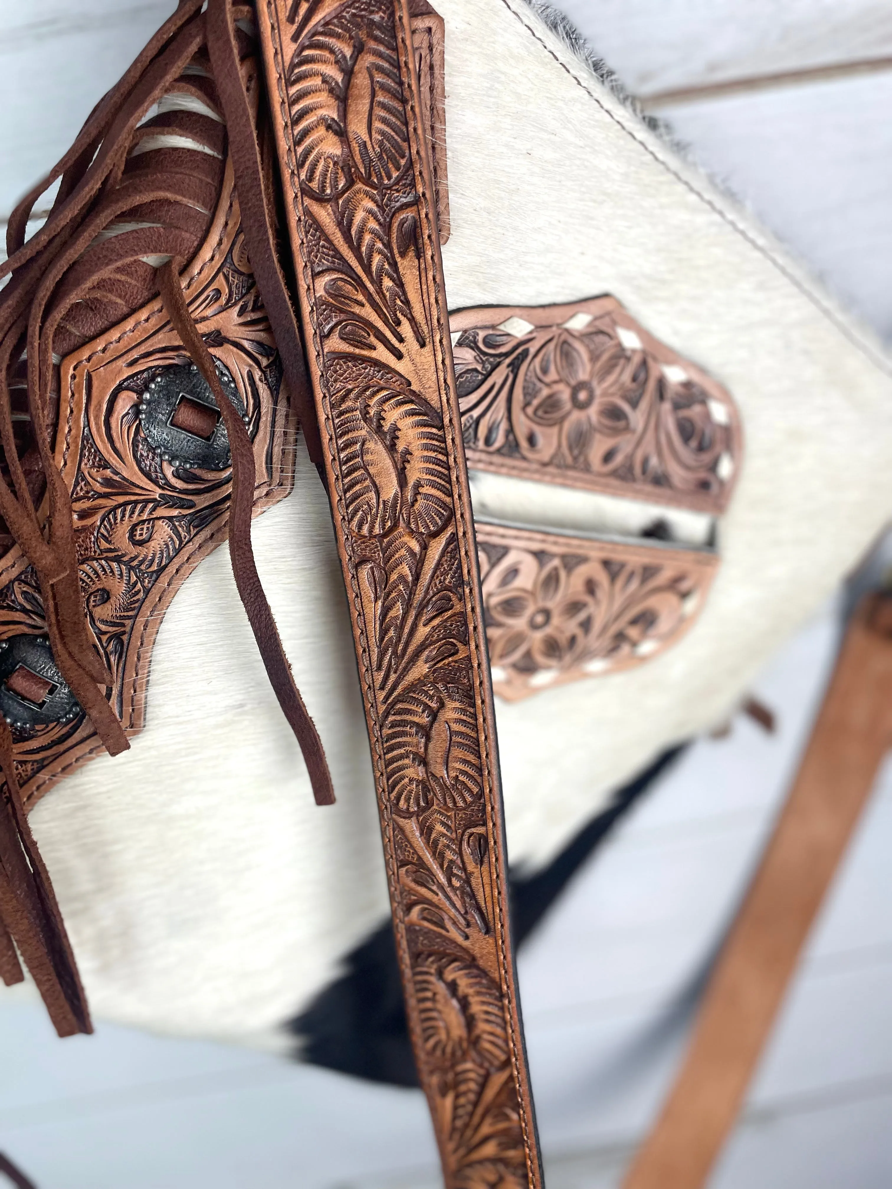 La Paz Hide Tooled Pocket Side Fringe Bag