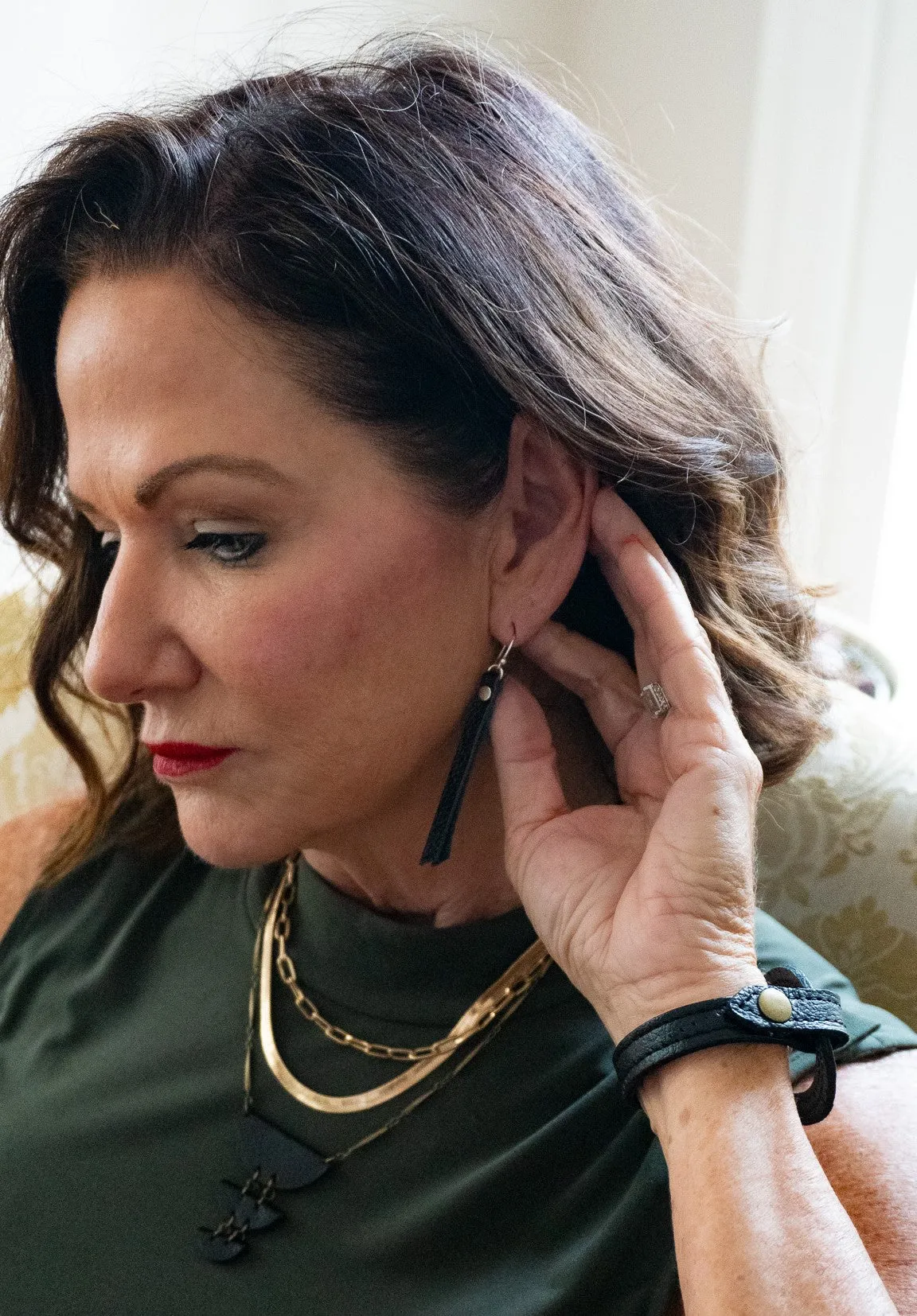Leather Rivet Tab Earrings / Black