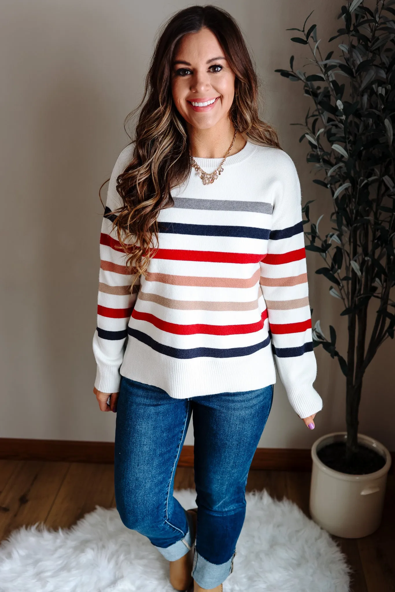 Leona Stripe Sweater - Navy & Red