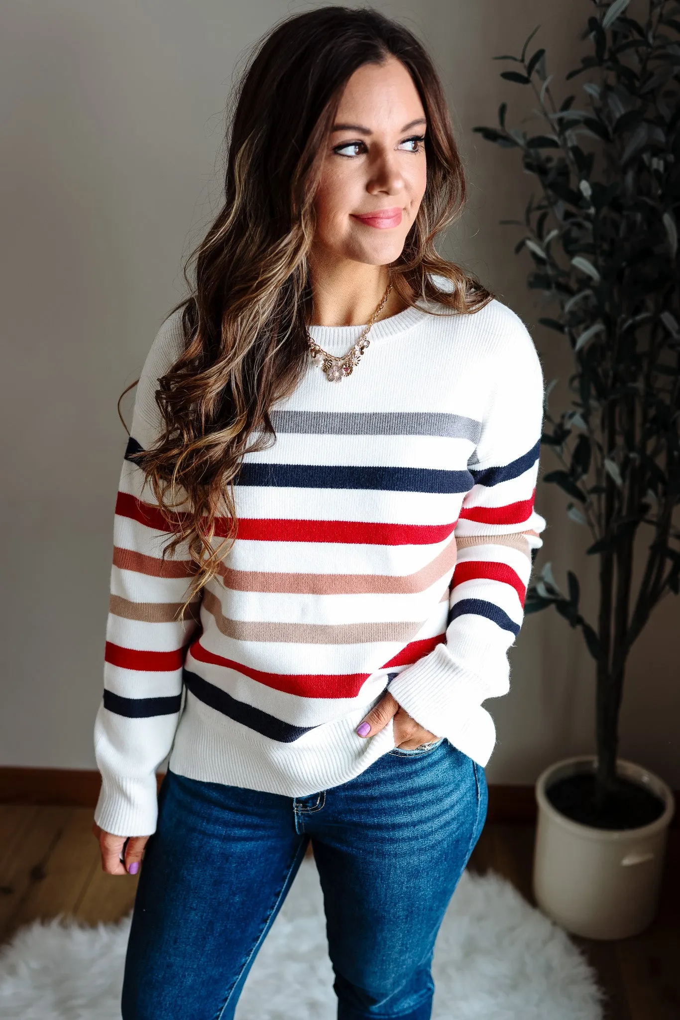 Leona Stripe Sweater - Navy & Red