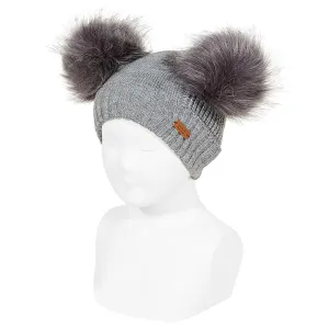 Light Grey Faux Fur Double Pom Pom Hat