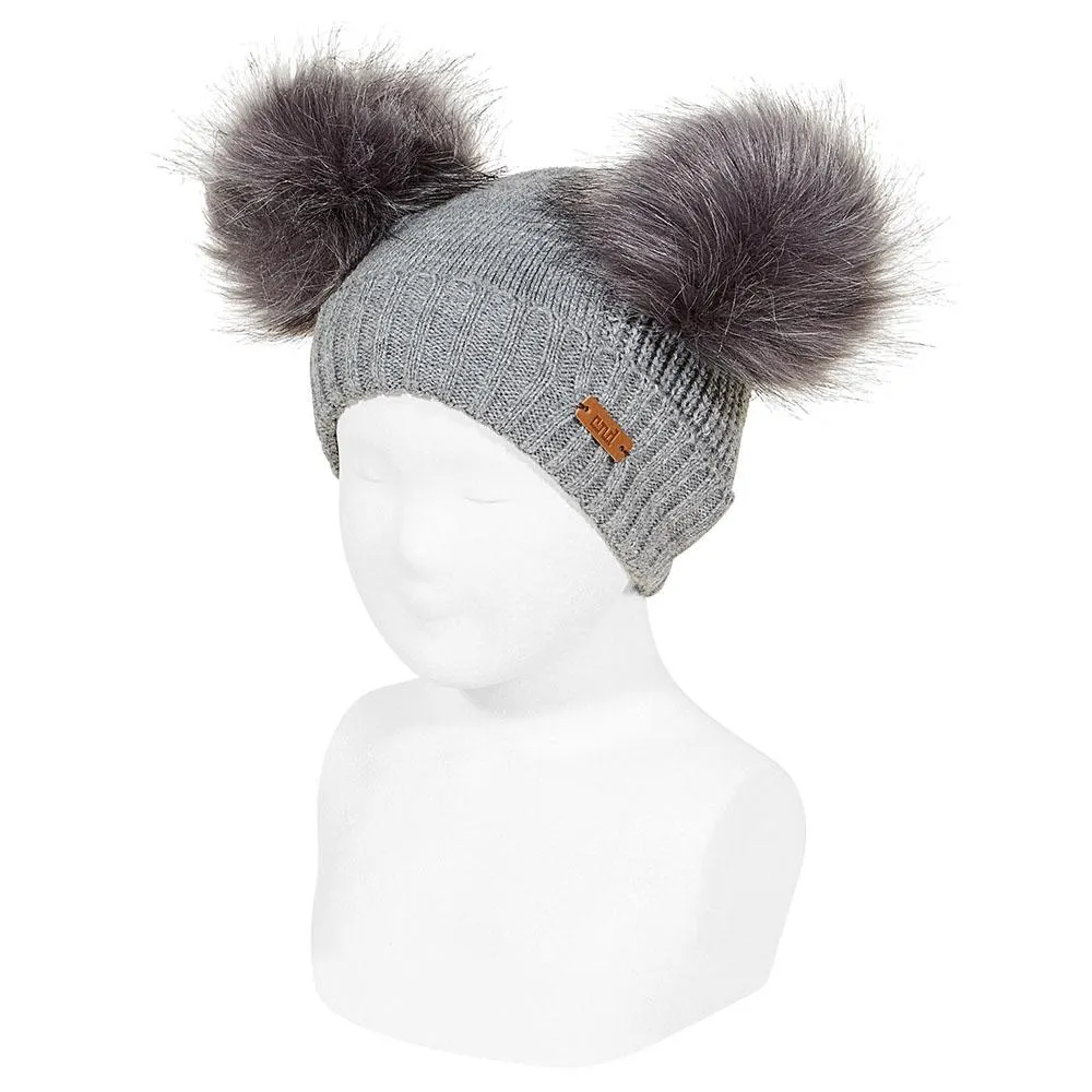 Light Grey Faux Fur Double Pom Pom Hat