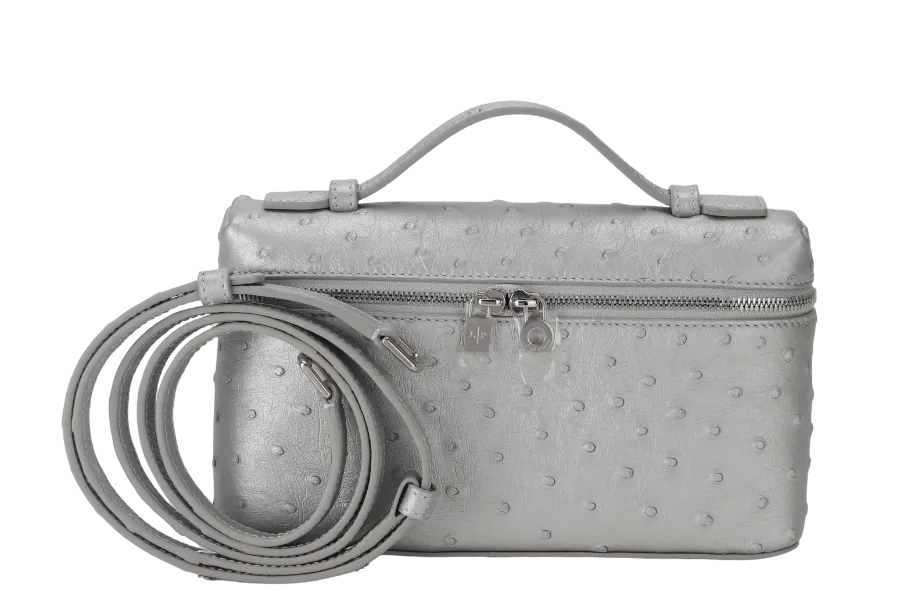 LORO PIANA EXTRA POCKET L19 SILVER COLOR OSTRICH LEATHER SILVER HARDWARE WITH STRAP,  DUST COVER AND BOX