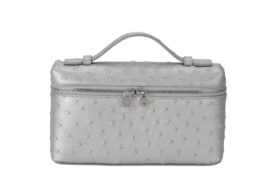 LORO PIANA EXTRA POCKET L19 SILVER COLOR OSTRICH LEATHER SILVER HARDWARE WITH STRAP,  DUST COVER AND BOX