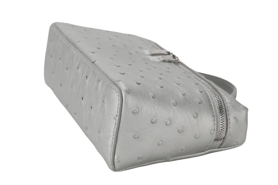 LORO PIANA EXTRA POCKET L19 SILVER COLOR OSTRICH LEATHER SILVER HARDWARE WITH STRAP,  DUST COVER AND BOX