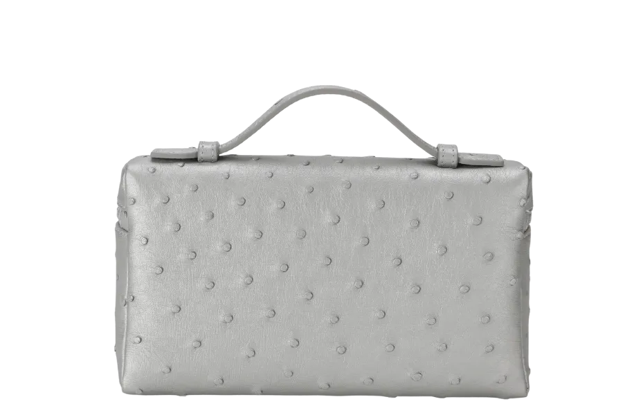 LORO PIANA EXTRA POCKET L19 SILVER COLOR OSTRICH LEATHER SILVER HARDWARE WITH STRAP,  DUST COVER AND BOX
