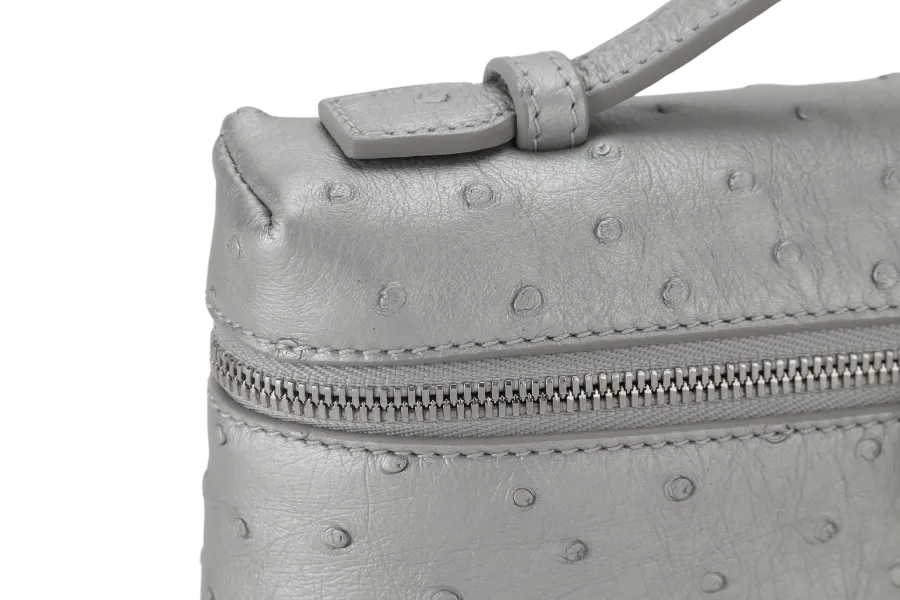 LORO PIANA EXTRA POCKET L19 SILVER COLOR OSTRICH LEATHER SILVER HARDWARE WITH STRAP,  DUST COVER AND BOX