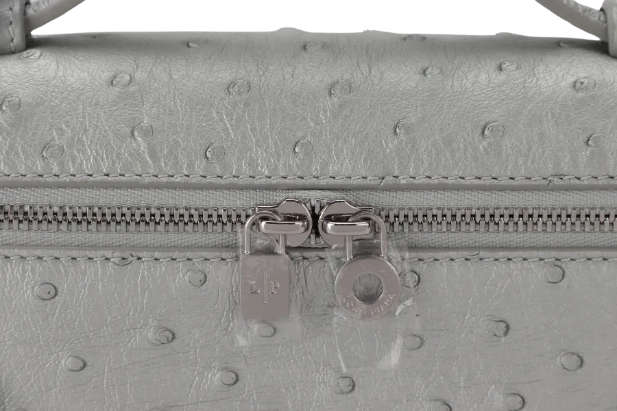 LORO PIANA EXTRA POCKET L19 SILVER COLOR OSTRICH LEATHER SILVER HARDWARE WITH STRAP,  DUST COVER AND BOX