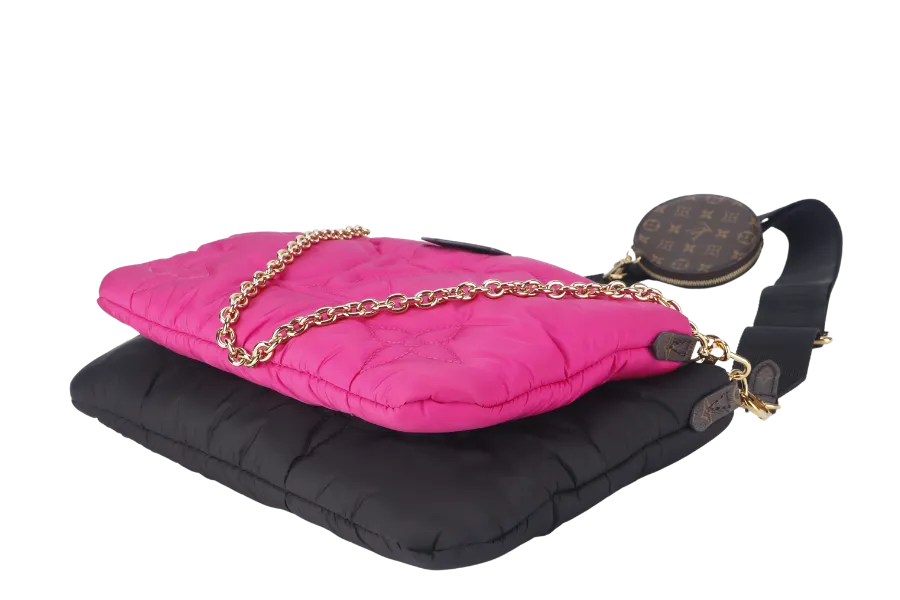LOUIS VUITTON MAXI MULTI POCHETTE (M58980) BLACK AND FUCHSIA NYLON PILLOW MONOGRAM WITH GOLD CHAIN , STRAP WITH DUST COVER