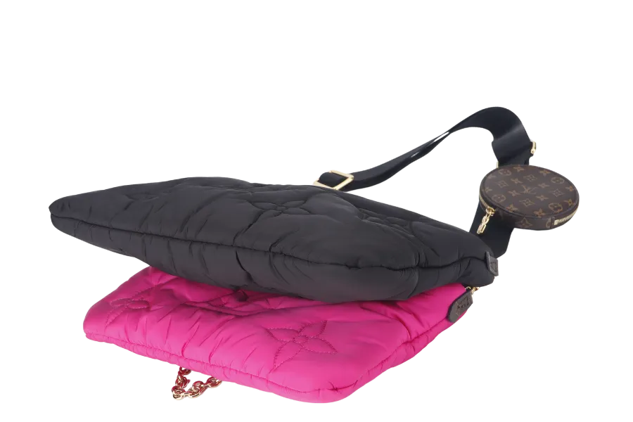 LOUIS VUITTON MAXI MULTI POCHETTE (M58980) BLACK AND FUCHSIA NYLON PILLOW MONOGRAM WITH GOLD CHAIN , STRAP WITH DUST COVER