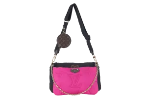 LOUIS VUITTON MAXI MULTI POCHETTE (M58980) BLACK AND FUCHSIA NYLON PILLOW MONOGRAM WITH GOLD CHAIN , STRAP WITH DUST COVER