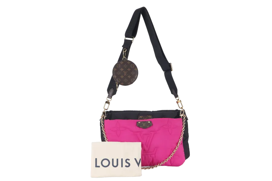 LOUIS VUITTON MAXI MULTI POCHETTE (M58980) BLACK AND FUCHSIA NYLON PILLOW MONOGRAM WITH GOLD CHAIN , STRAP WITH DUST COVER