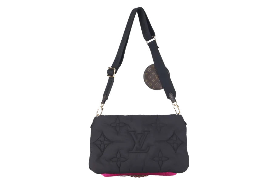 LOUIS VUITTON MAXI MULTI POCHETTE (M58980) BLACK AND FUCHSIA NYLON PILLOW MONOGRAM WITH GOLD CHAIN , STRAP WITH DUST COVER