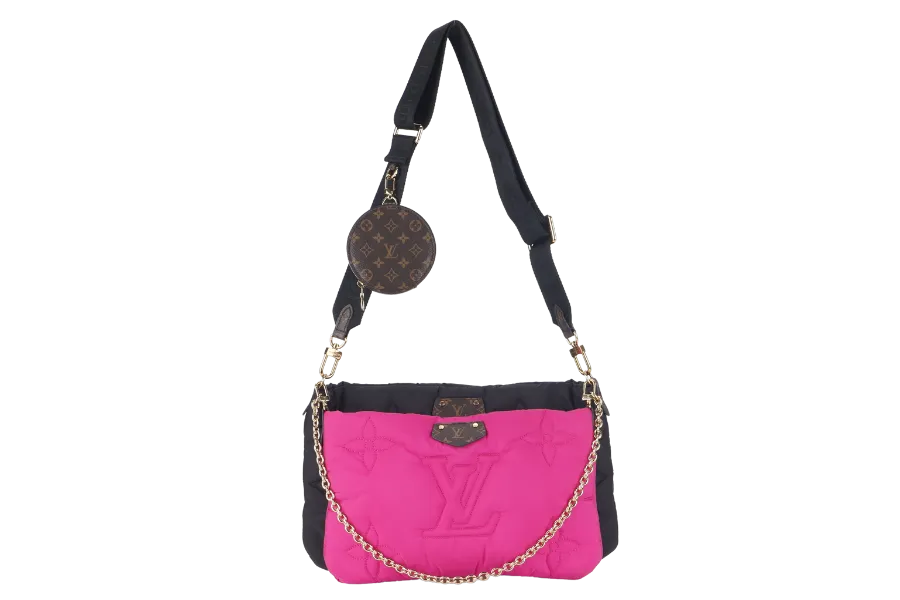 LOUIS VUITTON MAXI MULTI POCHETTE (M58980) BLACK AND FUCHSIA NYLON PILLOW MONOGRAM WITH GOLD CHAIN , STRAP WITH DUST COVER