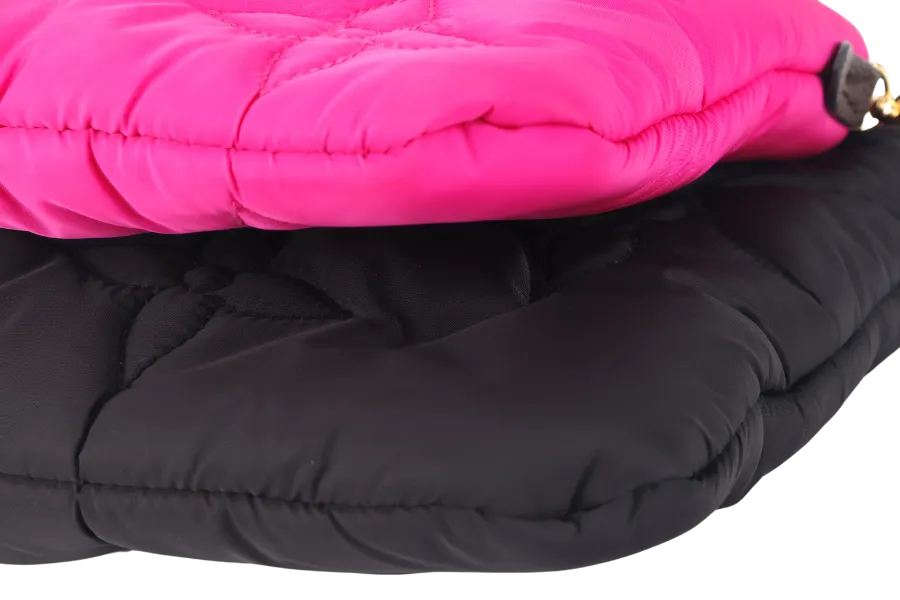 LOUIS VUITTON MAXI MULTI POCHETTE (M58980) BLACK AND FUCHSIA NYLON PILLOW MONOGRAM WITH GOLD CHAIN , STRAP WITH DUST COVER