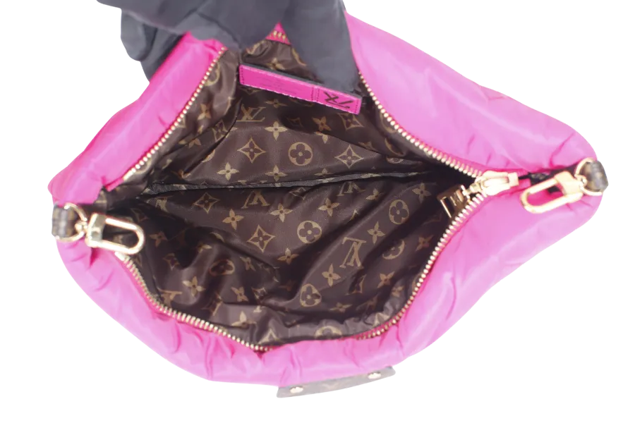 LOUIS VUITTON MAXI MULTI POCHETTE (M58980) BLACK AND FUCHSIA NYLON PILLOW MONOGRAM WITH GOLD CHAIN , STRAP WITH DUST COVER