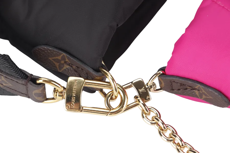 LOUIS VUITTON MAXI MULTI POCHETTE (M58980) BLACK AND FUCHSIA NYLON PILLOW MONOGRAM WITH GOLD CHAIN , STRAP WITH DUST COVER