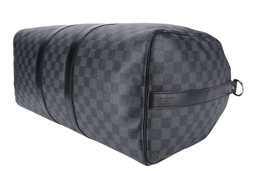 LOUIS VUITTON N41418 KEEPALL BANDOULIERE 45 DAMIER GRAPHITE CANVAS SILVER HARDWARE WITH STRAPS NO DUST COVER