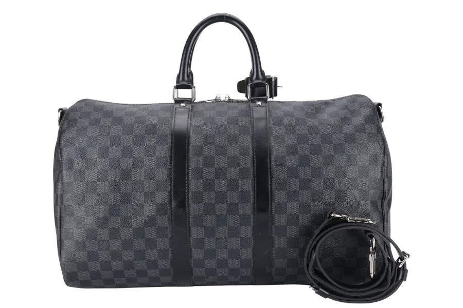 LOUIS VUITTON N41418 KEEPALL BANDOULIERE 45 DAMIER GRAPHITE CANVAS SILVER HARDWARE WITH STRAPS NO DUST COVER
