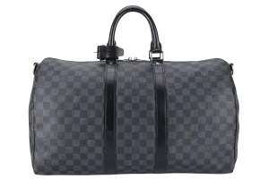 LOUIS VUITTON N41418 KEEPALL BANDOULIERE 45 DAMIER GRAPHITE CANVAS SILVER HARDWARE WITH STRAPS NO DUST COVER