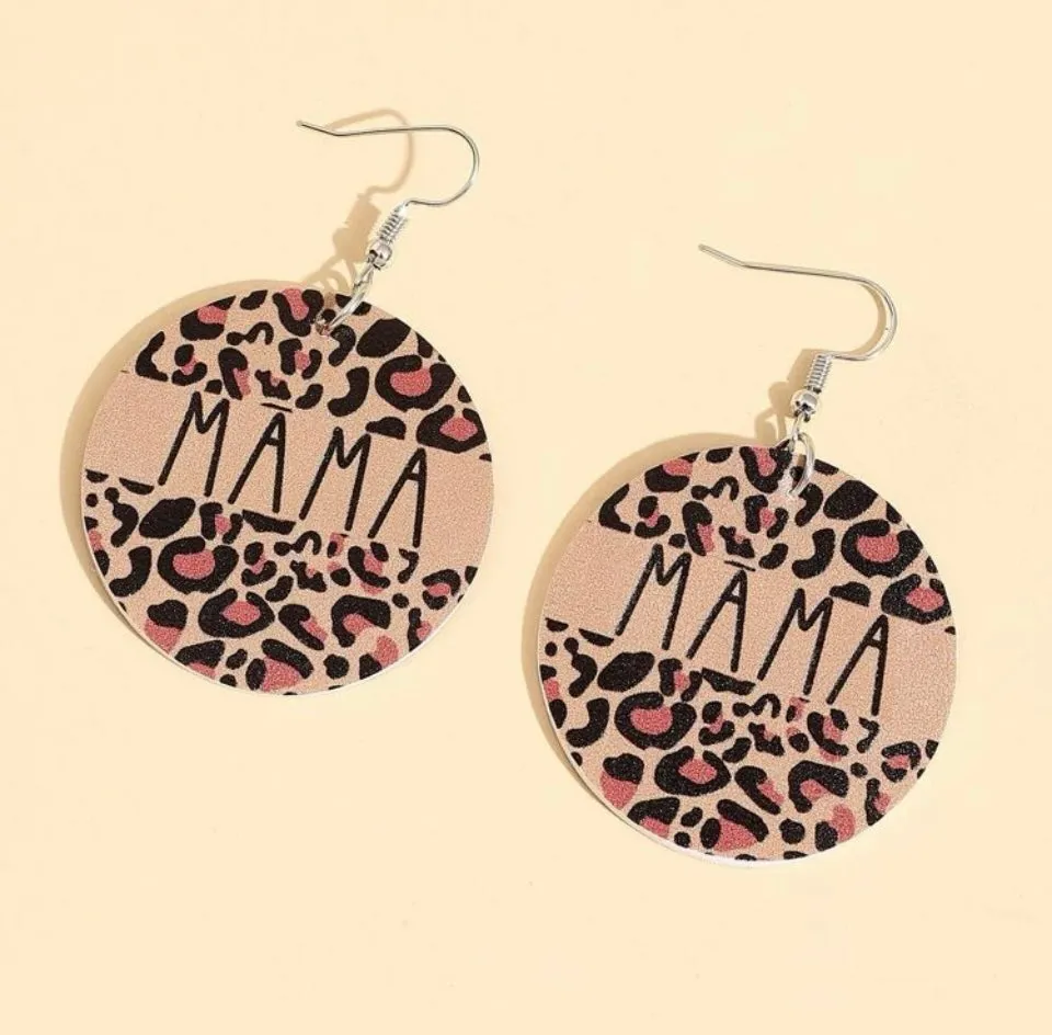 Mama earrings Round womens leopard print faux leather round Mom Animal print Jewelry gift womens