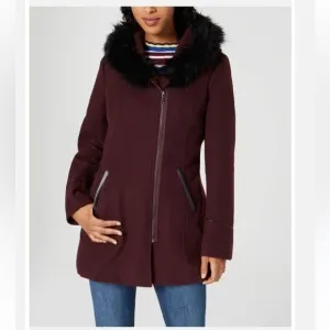 Maralyn &amp; Me Juniors Faux Fur Trim Asymmertical Hooded Maroon Coat Sz M …