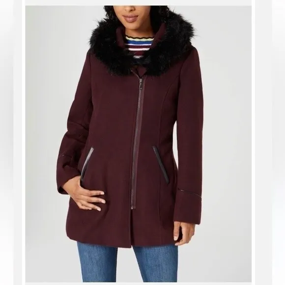 Maralyn &amp; Me Juniors Faux Fur Trim Asymmertical Hooded Maroon Coat Sz M …
