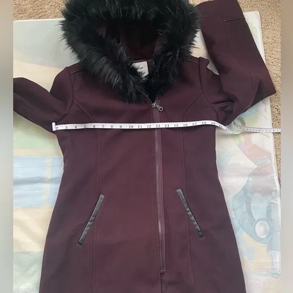 Maralyn &amp; Me Juniors Faux Fur Trim Asymmertical Hooded Maroon Coat Sz M …