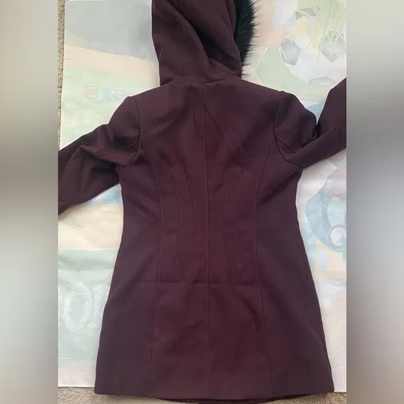 Maralyn &amp; Me Juniors Faux Fur Trim Asymmertical Hooded Maroon Coat Sz M …