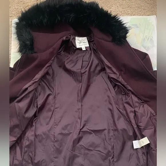 Maralyn &amp; Me Juniors Faux Fur Trim Asymmertical Hooded Maroon Coat Sz M …