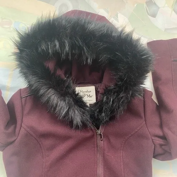 Maralyn &amp; Me Juniors Faux Fur Trim Asymmertical Hooded Maroon Coat Sz M …