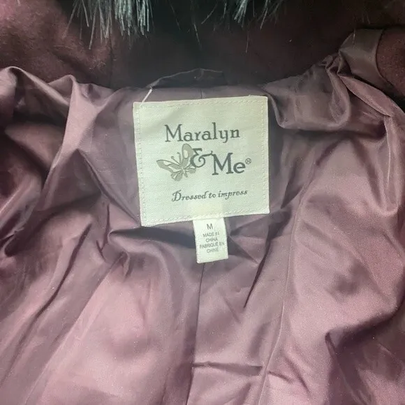 Maralyn &amp; Me Juniors Faux Fur Trim Asymmertical Hooded Maroon Coat Sz M …