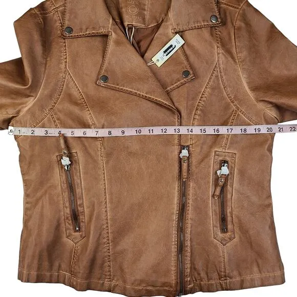 Max Studio Faux Leather Moto Jacket Size XL Brown Cognac New