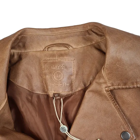 Max Studio Faux Leather Moto Jacket Size XL Brown Cognac New