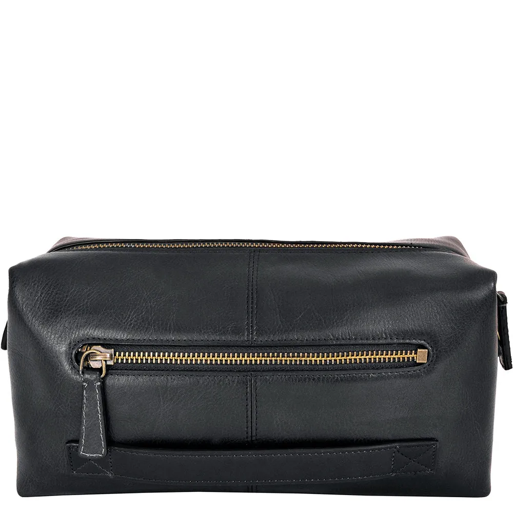 Mens Black Leather Shave Toilet Travel Kit with Waterproof Interior