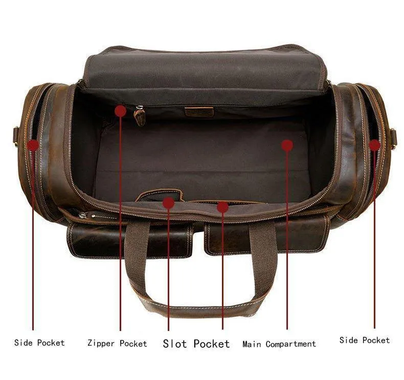 Mens Leather Travel Bag with Zipper Pockets