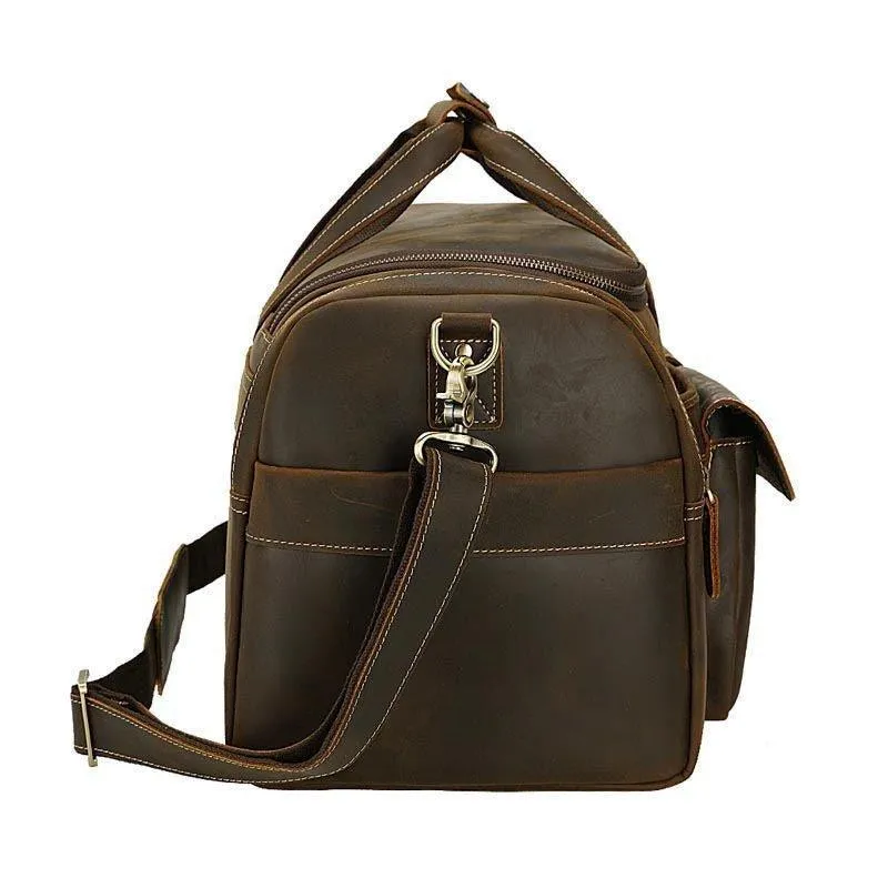 Mens Leather Travel Bag with Zipper Pockets