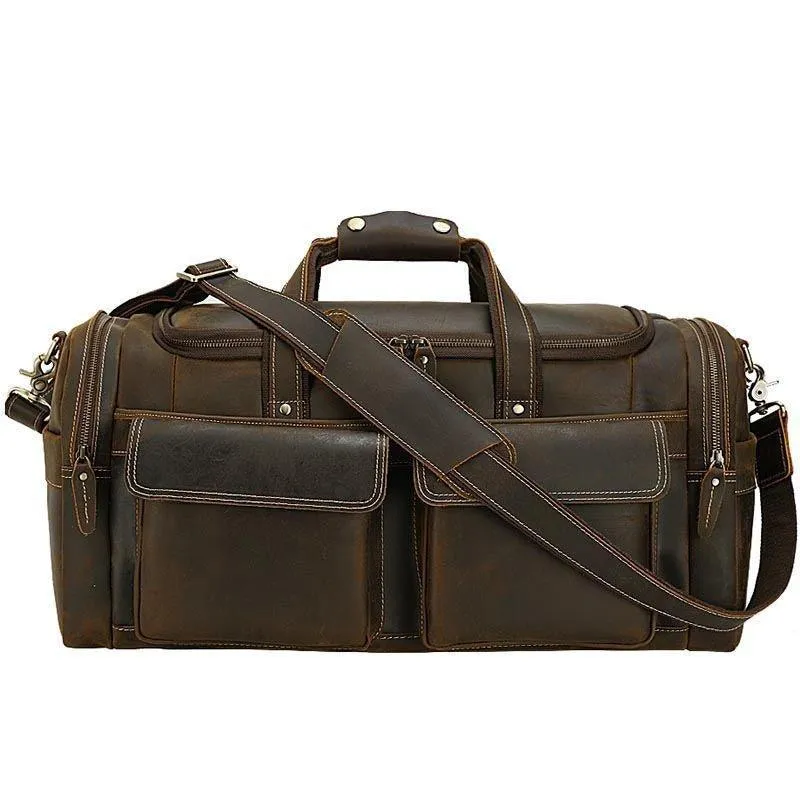 Mens Leather Travel Bag with Zipper Pockets