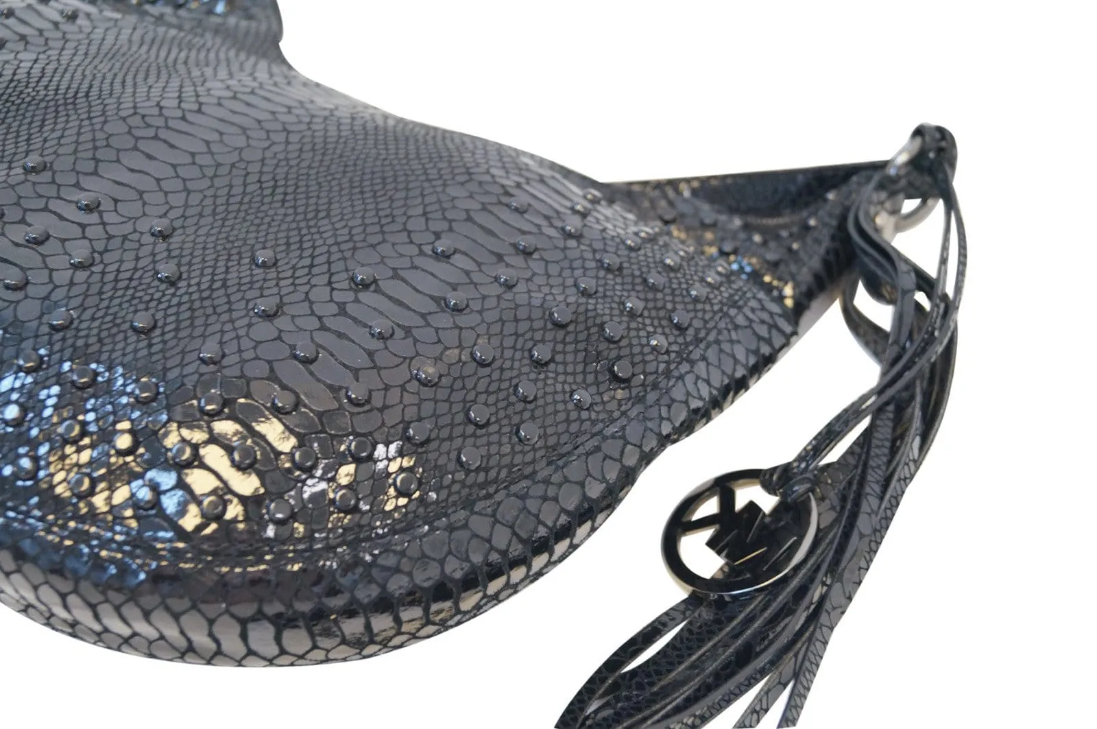 MICHAEL KORS Medium Rhea Crystal Black Slouchy Patent Python Crossbody Bag