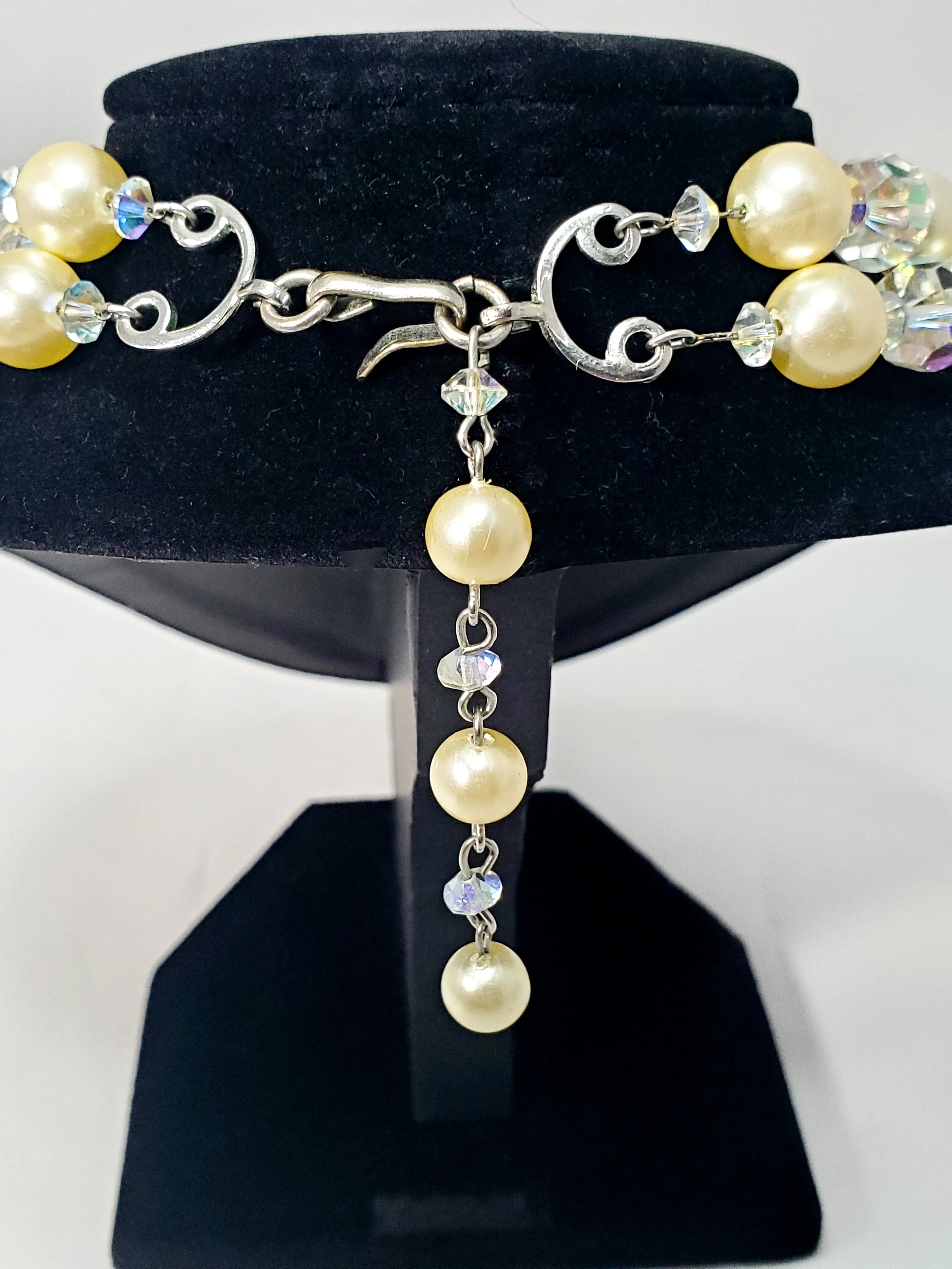 Mid century double strand faux pearl and Aurora borealis crystal beaded vintage necklace