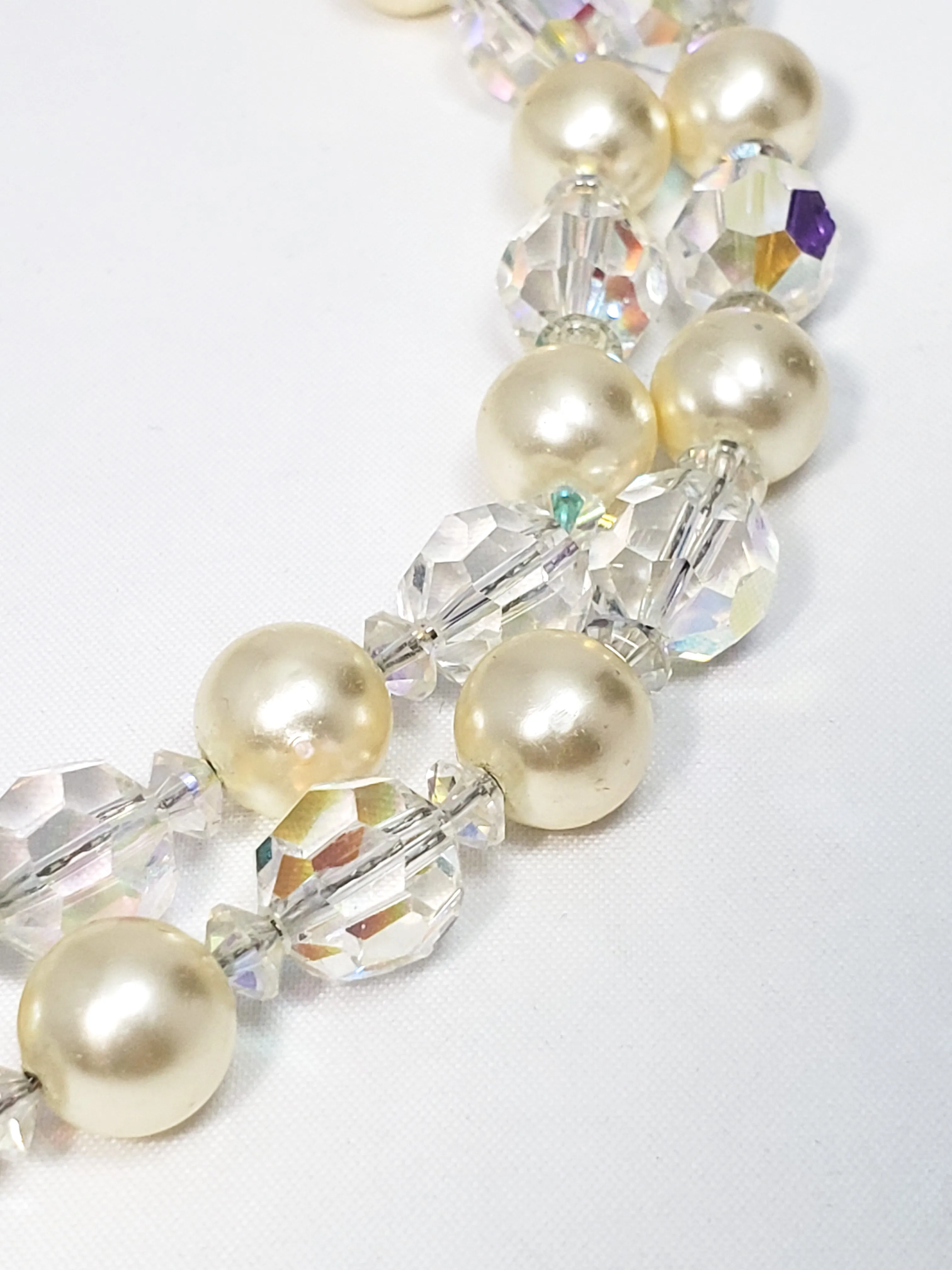 Mid century double strand faux pearl and Aurora borealis crystal beaded vintage necklace