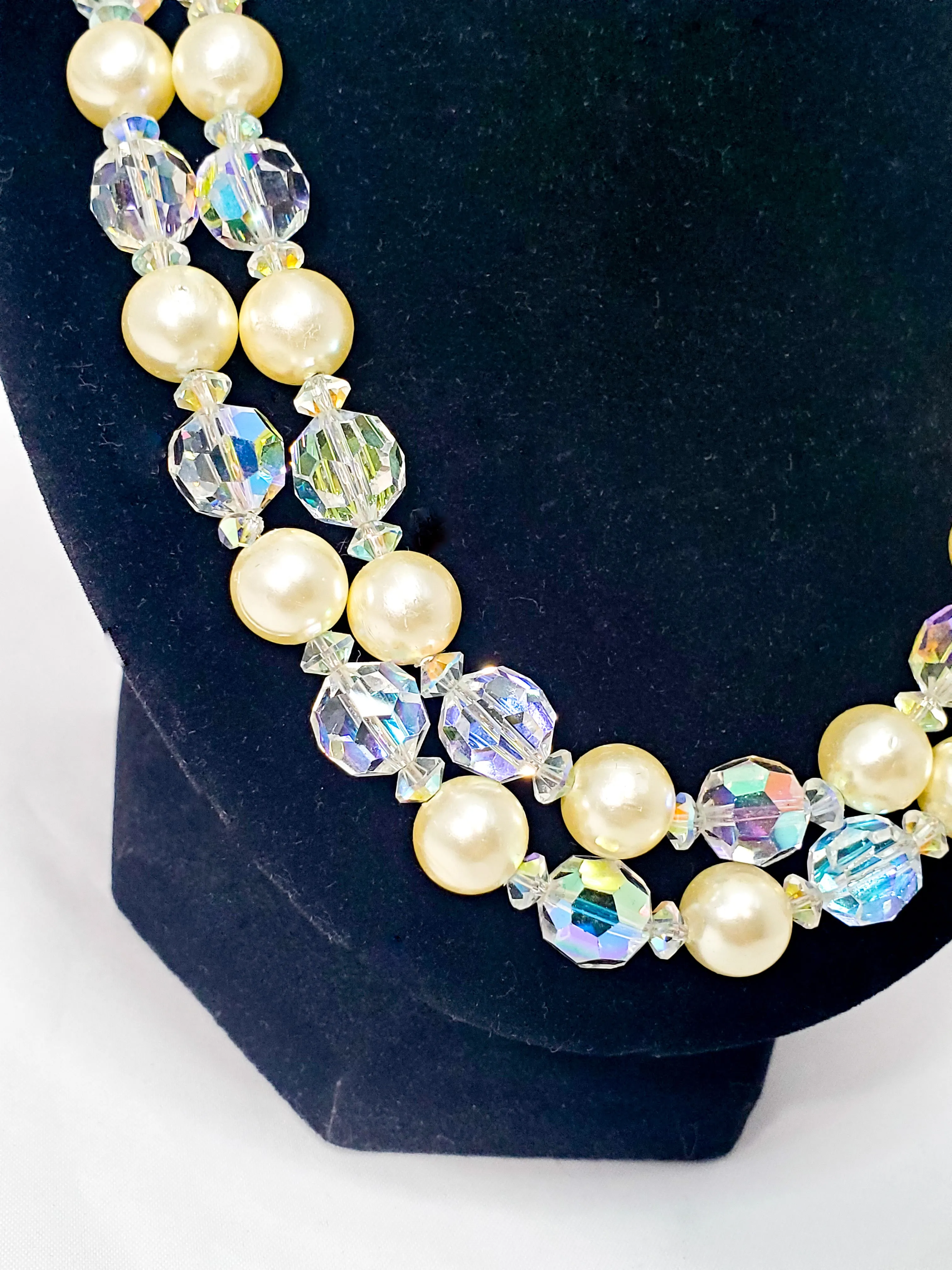 Mid century double strand faux pearl and Aurora borealis crystal beaded vintage necklace