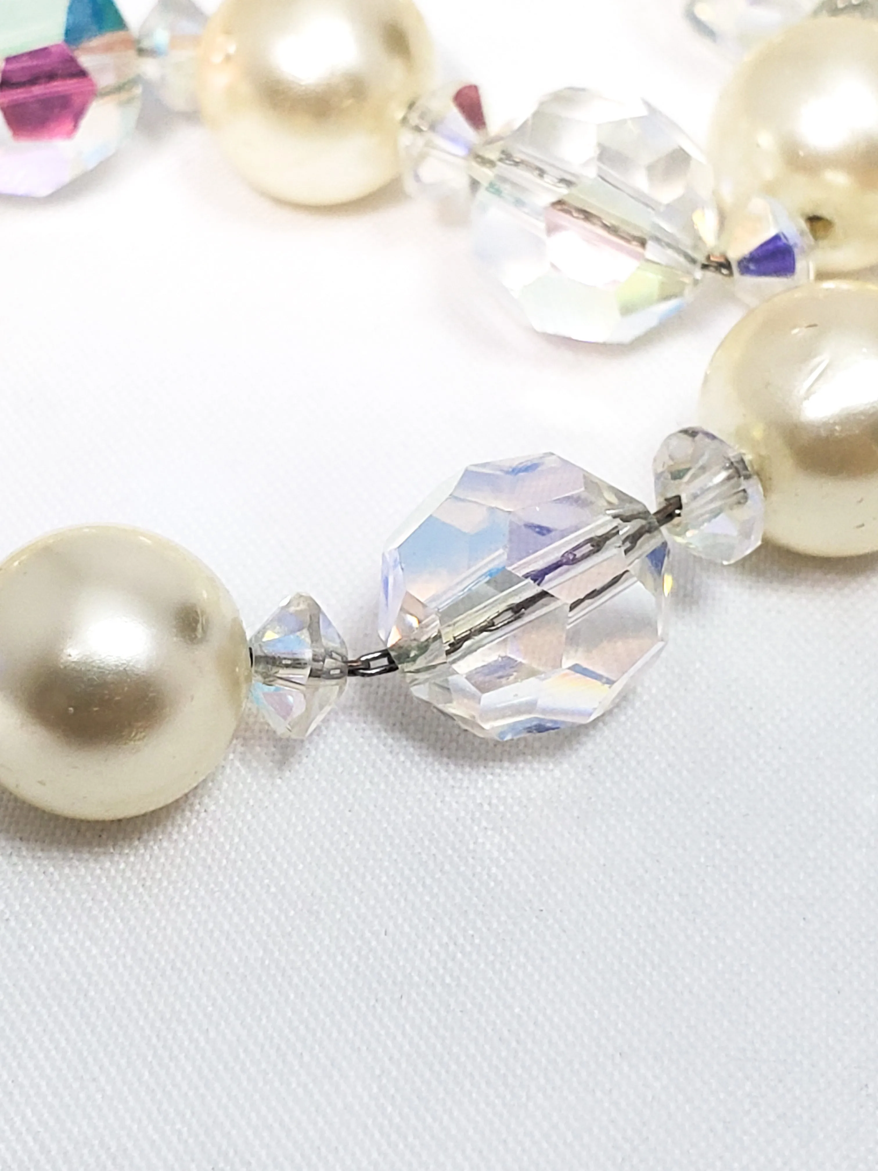 Mid century double strand faux pearl and Aurora borealis crystal beaded vintage necklace